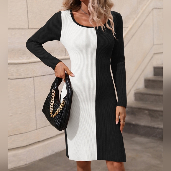 Statement Sweater Dress with Bold Contrast & Slit - Picture 7 of 8